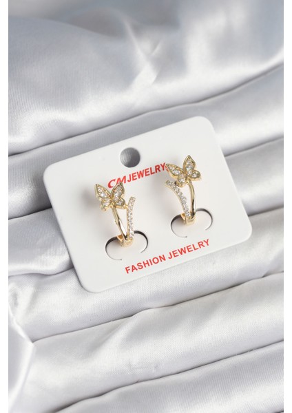 Pirinç Gold Renk Zirkon Taşlı Kelebek Model Kadın Küpe