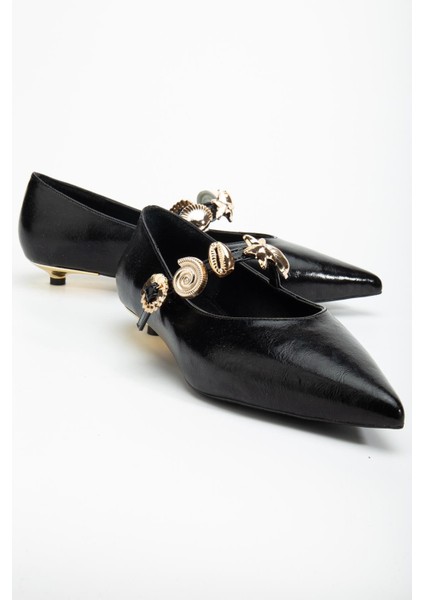 Kadın Kısa Topuklu Aykkabı Siyah Rugan Baretli Minik Ökçe