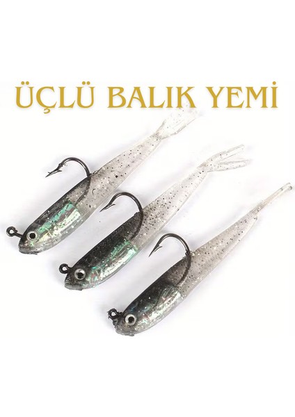 3 Adet Yumuşak Suni Balık Yemi - Lateks Gövde, Gümüş Parlak Renk