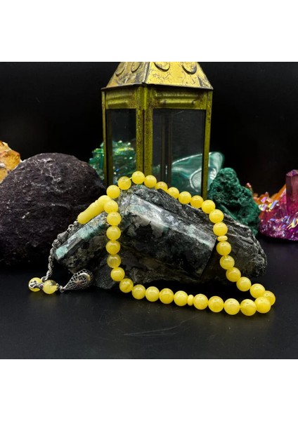 Burgu Işlemeli Ay Yıldız Püsküllü Damla Kehribar Tesbih 925 Ayar Gümüş 28.10