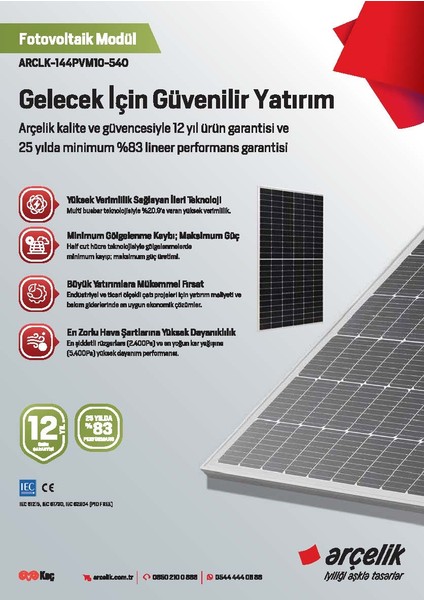 Arçelik 144PVM10 -540 / 5 Adet - 540W Solar Panel