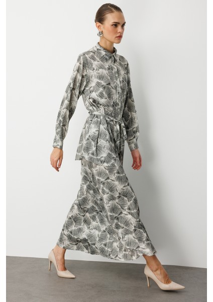 Mix Mizalle Haki Yeşil Yaprak Desenli Uzun Evaze Etek indirimleri