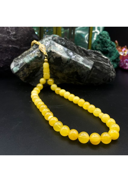 Altın Sarısı Damla Kehribar Altın Kaplama Işlemeli Püskül Tesbih 26.31 gr