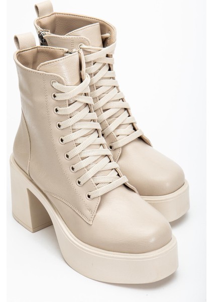 Bej Kadın Platform Topuklu Bot Bağcıklı Fermuarlı