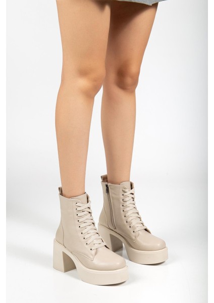 Bej Kadın Platform Topuklu Bot Bağcıklı Fermuarlı fiyatları