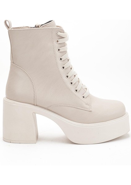 Bej Kadın Platform Topuklu Bot Bağcıklı Fermuarlı modelleri