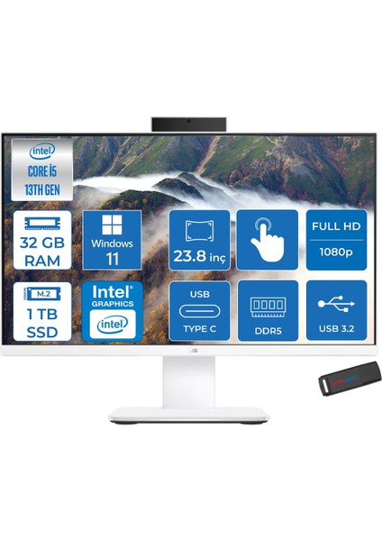 V440VAT Intel Core İ5-13420H 32GB Ddr5 1tb SSD 23.8" Fhd 75Hz 250NITS Dokunmatik WIN11HOMEBEYAZ Allınone Bilgisayar DI58512W0DH13+ZETTAUSBBELLEK