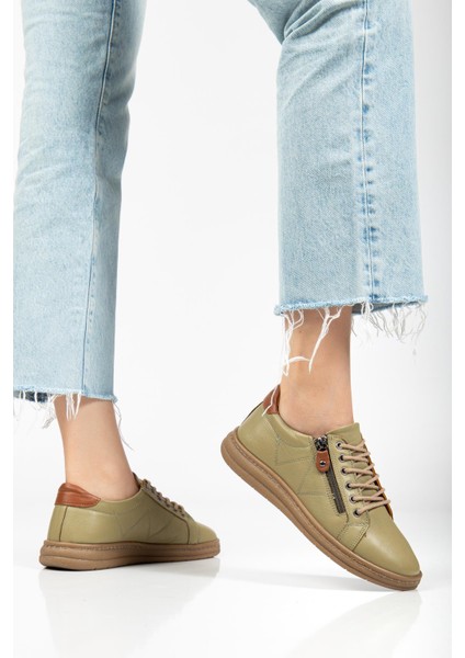 Yeşil Hakiki Deri Ortopedik Kadın Günlük Ayakkabı Fermuarlı Bağcıklı fiyatları