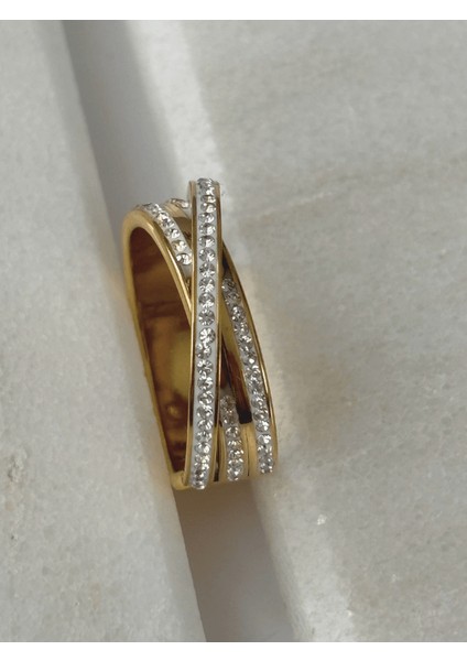 Çapraz Küçük Sıralı Taşlı Gold Yüzük modelleri