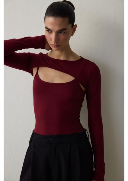 Bordo Bisiklet Yaka Uzun Kollu Pencere Detaylı Bodysuit