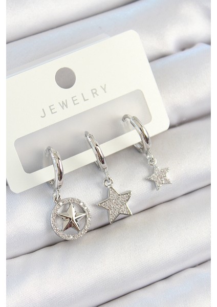 Pirinç Zirkon Taşlı Yıldız Model Gümüş Renk 3 Lü Çift Kadın Küpe Set