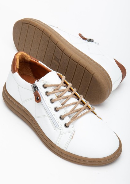 Beyaz Hakiki Deri Ortopedik Kadın Günlük Ayakkabı Fermuarlı Bağcıklı