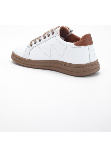 Beyaz Hakiki Deri Ortopedik Kadın Günlük Ayakkabı Fermuarlı Bağcıklı indirimleri