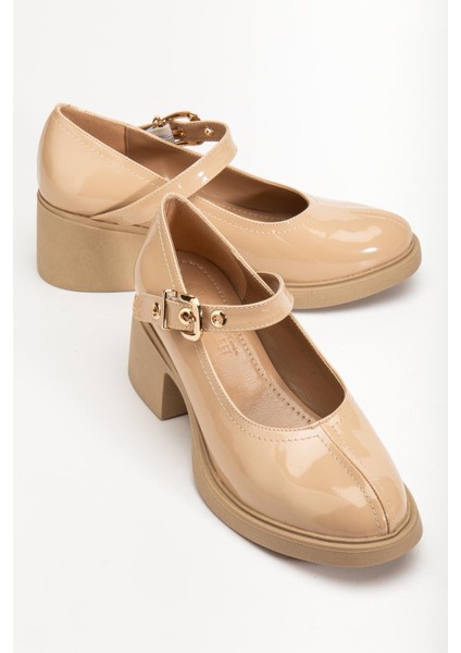 Bej Kadın Topuklu Günlük Ayakkabı Rugan Baretli Kalın Taban