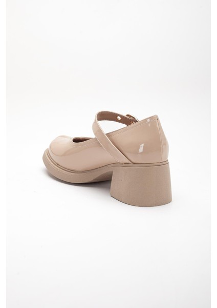Bej Kadın Topuklu Günlük Ayakkabı Rugan Baretli Kalın Taban indirimleri