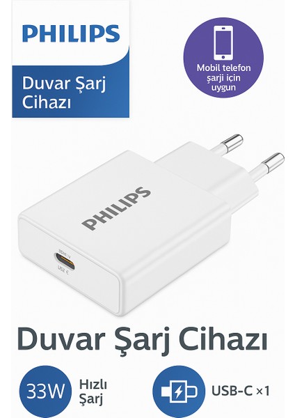 Typ-C Hızlı Şarj Adaptörü, 33W Powerdelivery 3.0 Quickcharge 3.0, Akım Korumalı, Slim Şarj Adaptörü