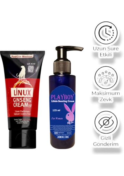 Linux Cream Erkeklere Özel Bölge Kremi 50 ml + Bayanlara Özel Playboy Libido Boosting Cream 125 ml