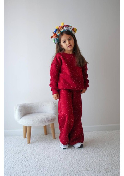 3-10 Yaş Kız Çocuk 3 Iplik Şardonlu Inci Detaylı Kışlık Eşofman Takımı