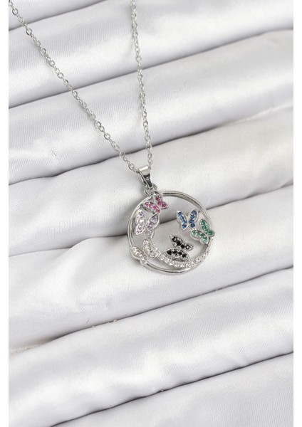 Heyf 316L Çelik Zincir Gümüş Renk Zirkon Taşlı Kelebekli Kadın Kolye