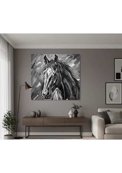 Siyah Beyaz At Kanvas Tablo,yağlı Boya Efektli Dekoratif At Portresi, Modern Sanat Eseri Dekorasyon