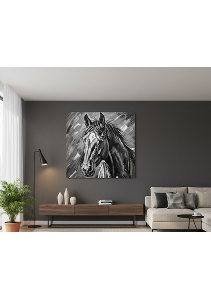 Siyah Beyaz At Kanvas Tablo,yağlı Boya Efektli Dekoratif At Portresi, Modern Sanat Eseri Dekorasyon modelleri