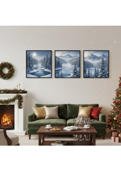 3'lü Kış Manzarası Tablo Seti | Çerçeveli Kar Yağışı ve Buzlu Göl Duvar Dekoru