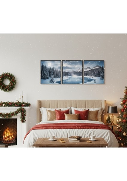 3'lü Kış Manzarası Tablo Seti | Çerçeveli Kar Yağışı ve Buzlu Göl Duvar Dekoru fiyatları