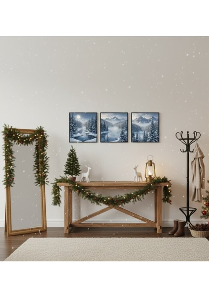 3'lü Kış Manzarası Tablo Seti | Çerçeveli Kar Yağışı ve Buzlu Göl Duvar Dekoru modelleri