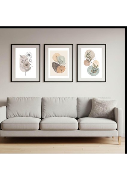 3lü Bohem Tablo Seti , Çerçeveli Boho Çiçek Tablo Seti Üçlü,minimalist Tablo Seti
