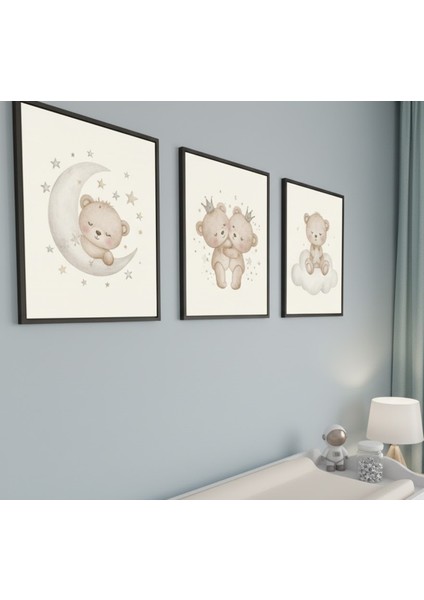 Sevimli Ayıcık Temalı 3'lü Çerçeveli Tablo Seti | Bebek Çocuk Odası Dekorasyonu