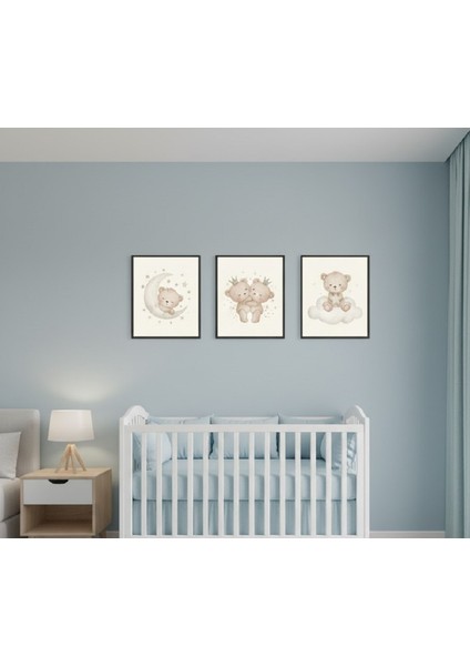 Sevimli Ayıcık Temalı 3'lü Çerçeveli Tablo Seti | Bebek Çocuk Odası Dekorasyonu modelleri