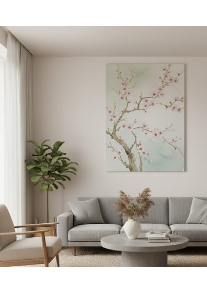 Kiraz Çiçeği (Sakura) Suluboya Efektli Kanvas Tablo, Bahar Temalı Pembe Çiçekler Duvar Tablosu
