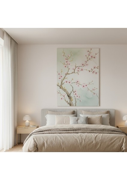 Kiraz Çiçeği (Sakura) Suluboya Efektli Kanvas Tablo, Bahar Temalı Pembe Çiçekler Duvar Tablosu fiyatları