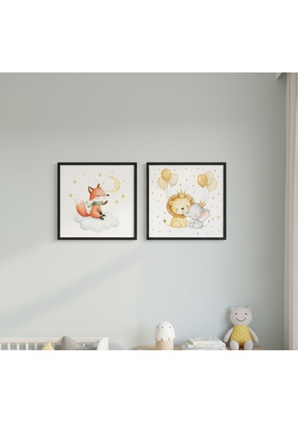 Bebek Odası Ikili Çerçeveli Tablo Seti, Hayvan Temalı Çocuk Odası 2'li Duvar Tablosu