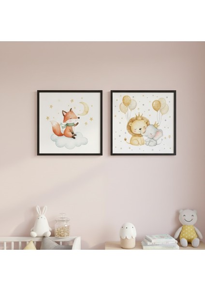 Bebek Odası Ikili Çerçeveli Tablo Seti, Hayvan Temalı Çocuk Odası 2'li Duvar Tablosu modelleri