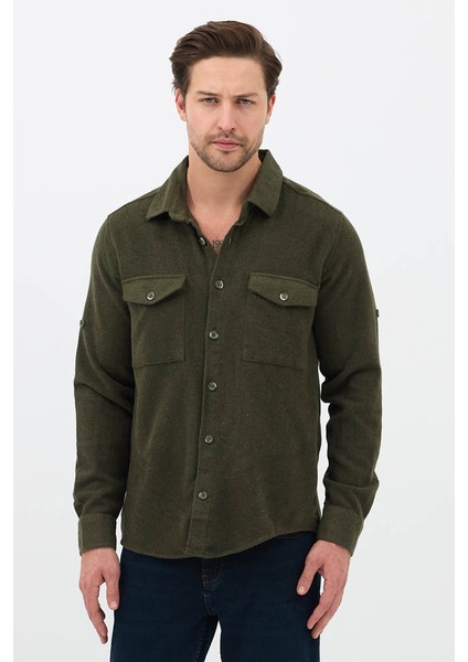 Erkek Rahat Kesim Spor Yaka Oduncu Flanel Çift Cep Kapaklı Kışlık Gömlek