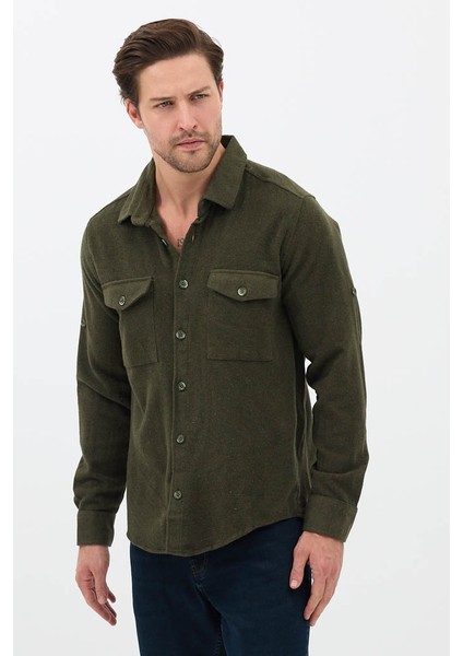 Erkek Rahat Kesim Spor Yaka Oduncu Flanel Çift Cep Kapaklı Kışlık Gömlek modelleri