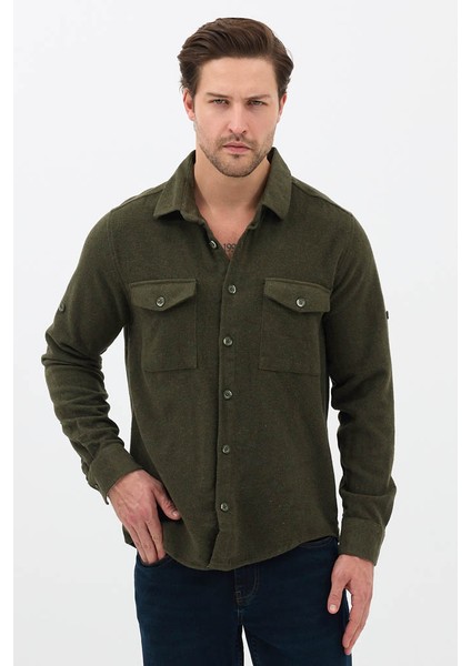 Erkek Rahat Kesim Spor Yaka Oduncu Flanel Çift Cep Kapaklı Kışlık Gömlek indirimleri