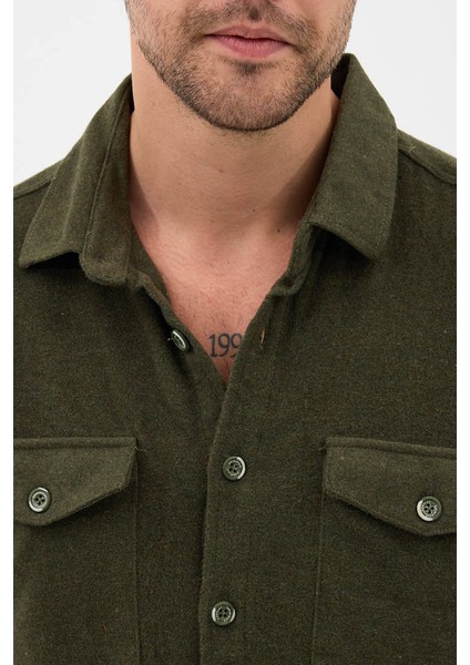 Erkek Rahat Kesim Spor Yaka Oduncu Flanel Çift Cep Kapaklı Kışlık Gömlek