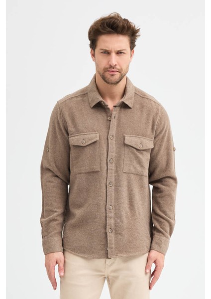 Erkek Rahat Kesim Spor Yaka Oduncu Flanel Çift Cep Kapaklı Kışlık Gömlek
