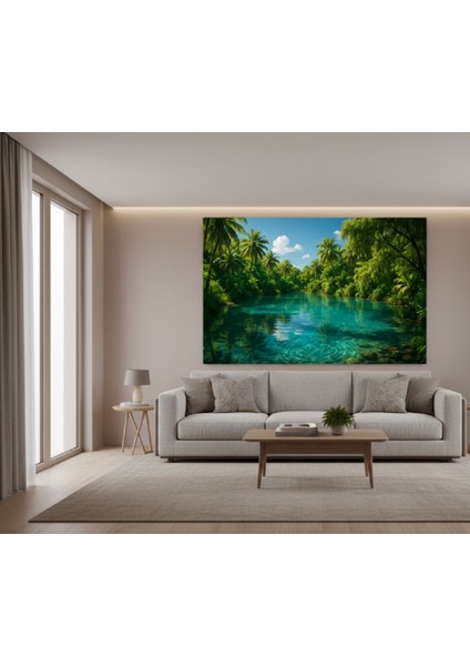 Turkuaz Nehir ve Palmiye Ormanı Kanvas Tablo | Tropikal Cennet Manzaralı Huzur Veren Tablo