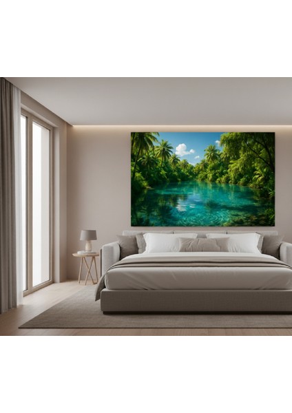 Turkuaz Nehir ve Palmiye Ormanı Kanvas Tablo | Tropikal Cennet Manzaralı Huzur Veren Tablo fiyatları