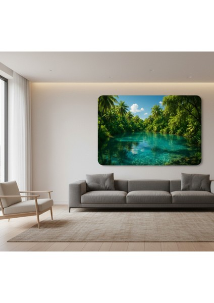 Turkuaz Nehir ve Palmiye Ormanı Kanvas Tablo | Tropikal Cennet Manzaralı Huzur Veren Tablo modelleri