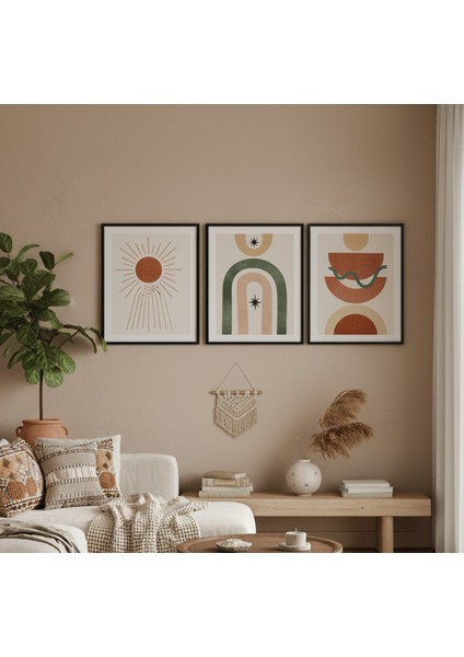 3'lü Bohem Tablo Seti, Modern Minimalist 3 Parça Çerçeveli Duvar Dekoru Seti