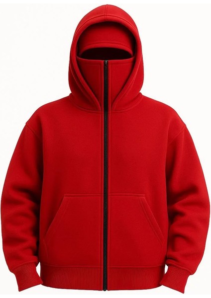 Kadın Samuray Ninja Çift Kapşonlu Zıp Fermuarlı Kanguru Çepli Hoodie Maske Detaylı Swetshirt - Kırmızı fiyatları