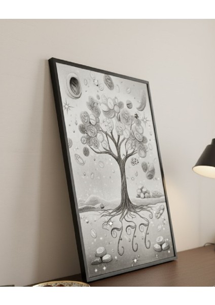 Siyah Beyaz Manifest Tablosu | Para Ağacı ve 777 Sembolü ile Bolluk Bereket Çerçeveli Tablo
