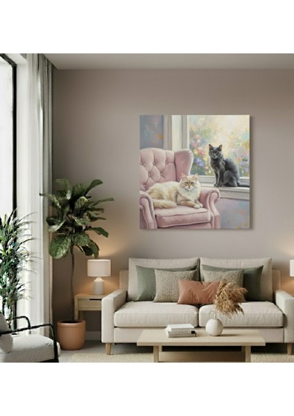 Pencerede Iki Kedi Yağlıboya Görünümlü Kanvas Tablo, Pastel Tonlarad Salon Tablosu fiyatları