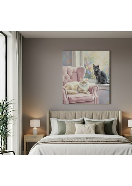 Pencerede Iki Kedi Yağlıboya Görünümlü Kanvas Tablo, Pastel Tonlarad Salon Tablosu modelleri