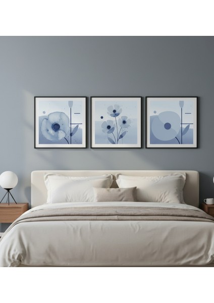 Soyut Mavi & Beyaz Çiçek Desenli 3'lü Çerçeveli Salon Tablosu,siyah Çerçeveli Kare 3'lü Tablo 25CM