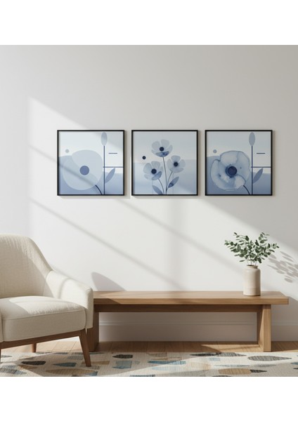 Soyut Mavi & Beyaz Çiçek Desenli 3'lü Çerçeveli Salon Tablosu,siyah Çerçeveli Kare 3'lü Tablo 25CM fiyatları